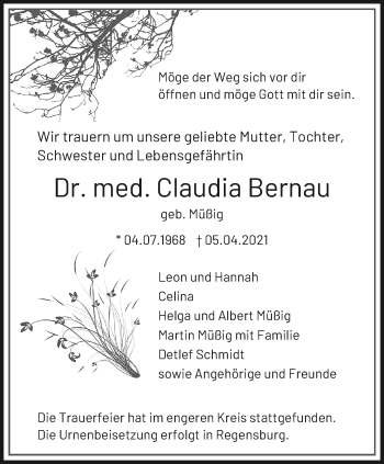 Traueranzeige von Claudia Bernau von trauer.extra-tipp-moenchengladbach.de