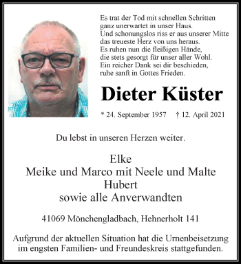 Traueranzeige von Dieter Küster von trauer.extra-tipp-moenchengladbach.de