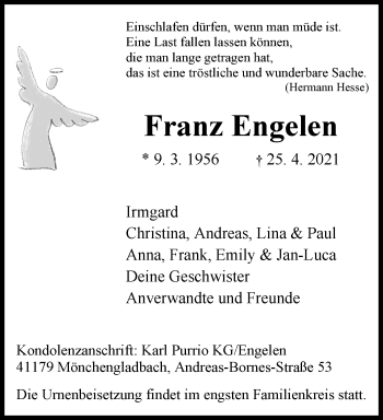 Traueranzeige von Franz Engelen von trauer.extra-tipp-moenchengladbach.de