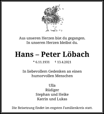 Traueranzeige von Hans-Peter  Löbach von trauer.wuppertaler-rundschau.de
