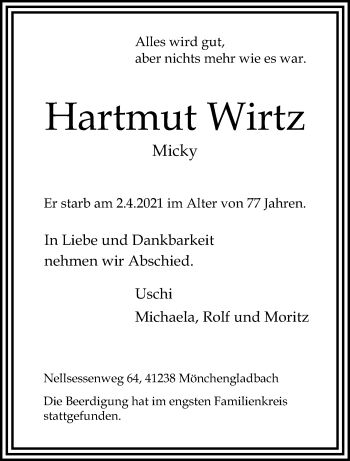 Traueranzeige von Hartmut Wirtz von trauer.extra-tipp-moenchengladbach.de