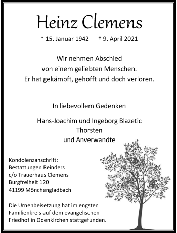 Traueranzeige von Heinz Clemens von trauer.extra-tipp-moenchengladbach.de