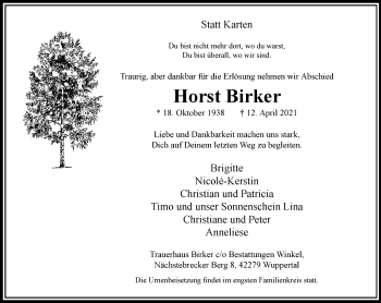 Traueranzeige von Horst Birker von trauer.wuppertaler-rundschau.de