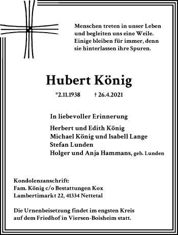 Traueranzeige von Hubert König von trauer.extra-tipp-moenchengladbach.de