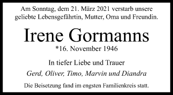 Traueranzeige von Irene Gormanns von trauer.mein.krefeld.de