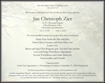 Traueranzeige von Jan Christoph Zier von trauer.wuppertaler-rundschau.de
