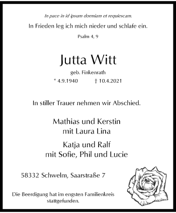 Traueranzeige von Jutta Witt von trauer.wuppertaler-rundschau.de