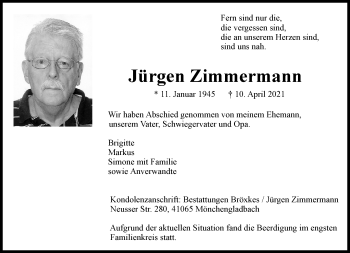Traueranzeige von Jürgen Zimmermann von trauer.extra-tipp-moenchengladbach.de