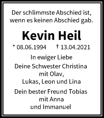 Traueranzeige von Kevin Heil von trauer.wuppertaler-rundschau.de