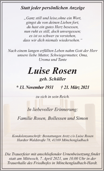 Traueranzeige von Luise Rosen von trauer.extra-tipp-moenchengladbach.de