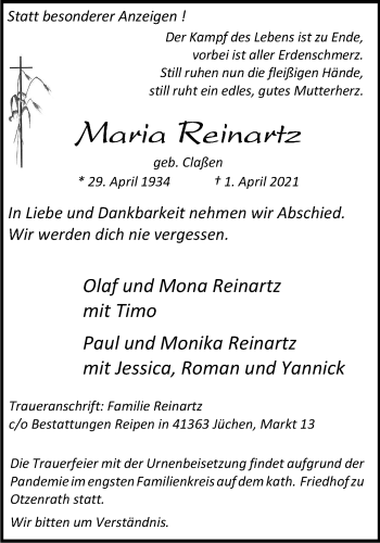 Traueranzeige von Maria Reinartz von trauer.stadt-kurier.de