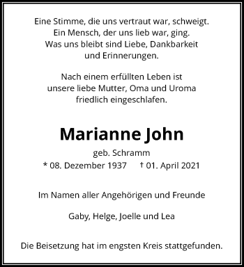 Traueranzeige von Marianne John von trauer.wuppertaler-rundschau.de