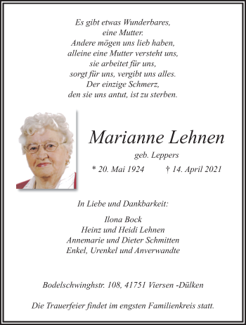 Traueranzeige von Marianne Lehnen von trauer.extra-tipp-moenchengladbach.de