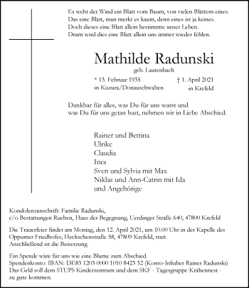 Traueranzeige von Mathilde Radunski von trauer.mein.krefeld.de