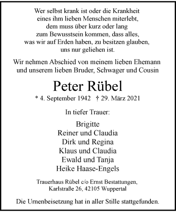 Traueranzeige von Peter Rübel von trauer.wuppertaler-rundschau.de