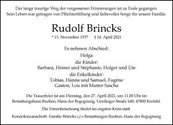 Traueranzeige von Rudolf Brincks von trauer.mein.krefeld.de