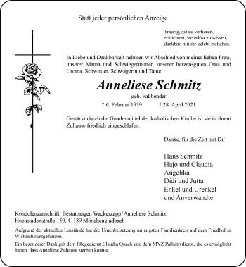 Traueranzeige von Anneliese Schmitz von trauer.extra-tipp-moenchengladbach.de