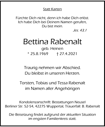 Traueranzeige von Bettina Rabenalt von trauer.wuppertaler-rundschau.de