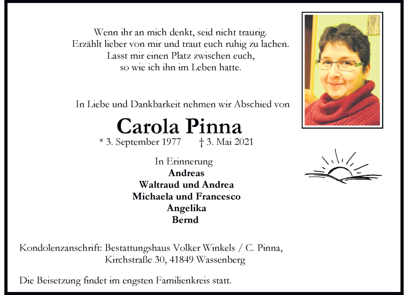  Traueranzeige für Carola Pinna vom 09.05.2021 aus trauer.extra-tipp-moenchengladbach.de