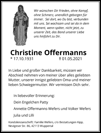 Traueranzeige von Christine Offermanns von trauer.wuppertaler-rundschau.de