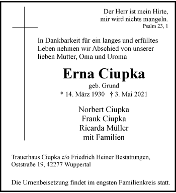Traueranzeige von Erna Ciupka von trauer.wuppertaler-rundschau.de