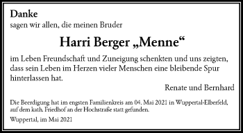 Traueranzeige von Harri Berger von trauer.wuppertaler-rundschau.de