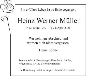 Traueranzeige von Heinz Werner Müller von trauer.extra-tipp-moenchengladbach.de