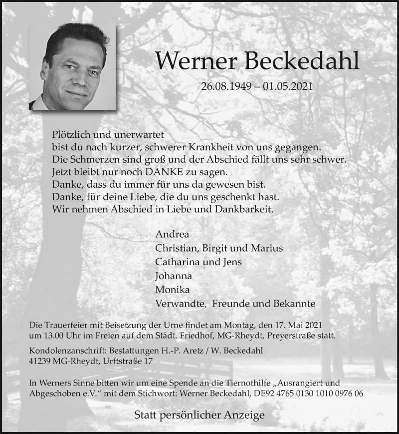  Traueranzeige für Werner Beckedahl vom 09.05.2021 aus trauer.extra-tipp-moenchengladbach.de