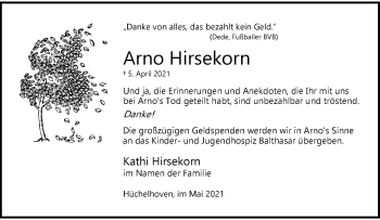 Traueranzeige von Arno Hirsekorn von trauer.stadt-kurier.de