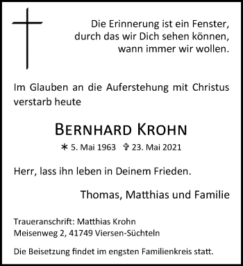 Traueranzeige von Bernhard Krohn von trauer.extra-tipp-moenchengladbach.de