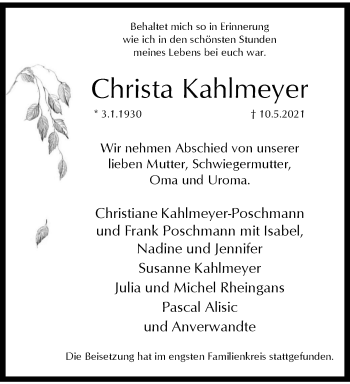 Traueranzeige von Christa Kahlmeyer von trauer.wuppertaler-rundschau.de