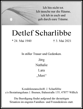 Traueranzeige von Detlef Scharlibbe von trauer.extra-tipp-moenchengladbach.de