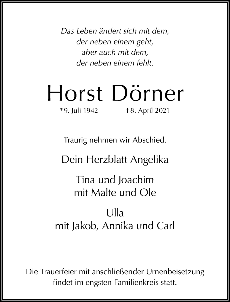  Traueranzeige für Horst Dörner vom 02.05.2021 aus trauer.duesseldorfer-anzeiger.de/