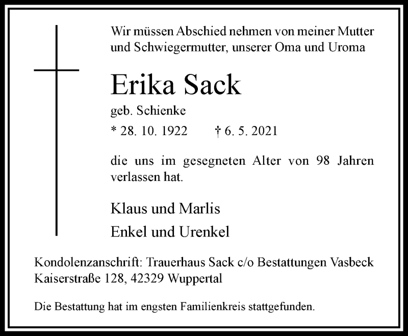  Traueranzeige für Erika Sack vom 29.05.2021 aus trauer.wuppertaler-rundschau.de