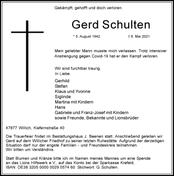 Traueranzeige von Gerd Schulten von trauer.extra-tipp-moenchengladbach.de
