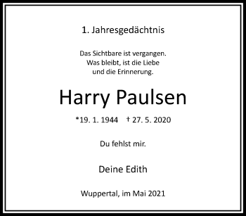 Traueranzeige von Harry Paulsen von trauer.wuppertaler-rundschau.de
