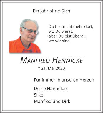 Traueranzeige von Manfred Hennicke von trauer.extra-tipp-moenchengladbach.de