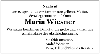 Traueranzeige von Maria Wiesner von trauer.mein.krefeld.de