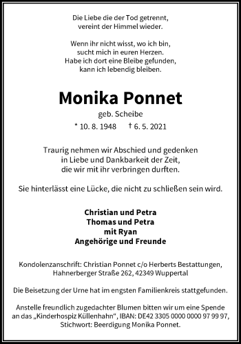 Traueranzeige von Monika Ponnet von trauer.wuppertaler-rundschau.de