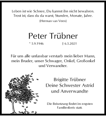 Traueranzeige von Peter Trübner von trauer.wuppertaler-rundschau.de