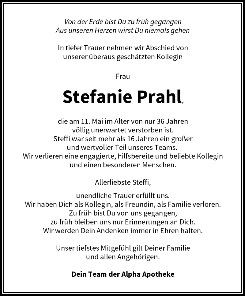  Traueranzeige für Stefanie Prahl vom 22.05.2021 aus trauer.wuppertaler-rundschau.de