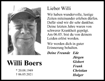 Traueranzeige von Willi Boers von trauer.extra-tipp-moenchengladbach.de