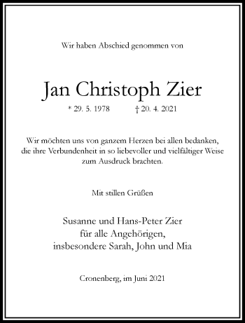 Traueranzeige von Jan Christoph Zier von trauer.wuppertaler-rundschau.de