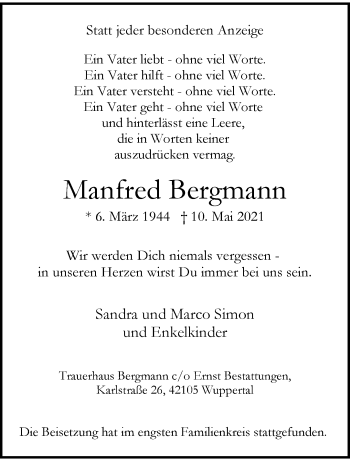 Traueranzeige von Manfred Bergmann von trauer.wuppertaler-rundschau.de