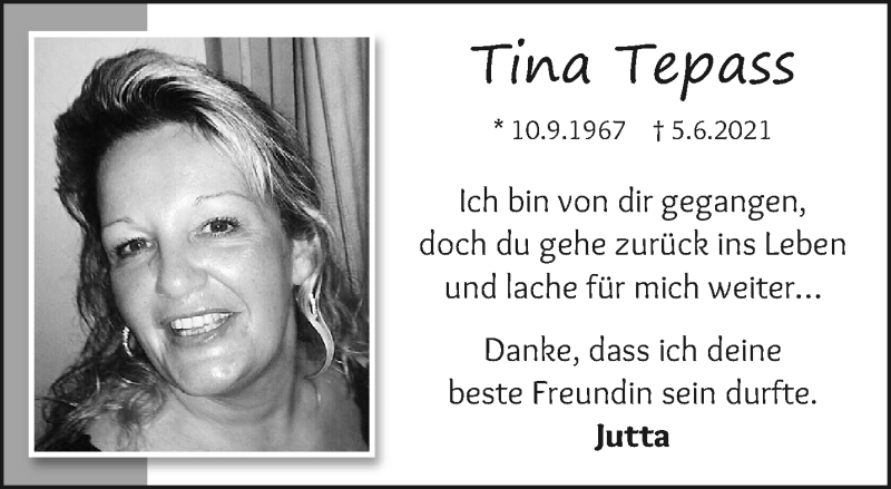  Traueranzeige für Tina Tepass vom 13.06.2021 aus trauer.mein.krefeld.de