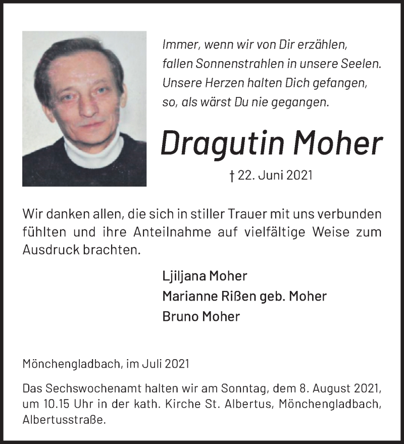  Traueranzeige für Dragutin Moher vom 01.08.2021 aus trauer.extra-tipp-moenchengladbach.de