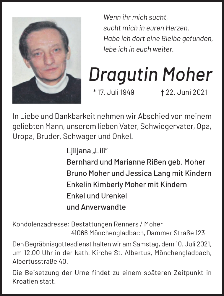  Traueranzeige für Dragutin Moher vom 04.07.2021 aus trauer.extra-tipp-moenchengladbach.de