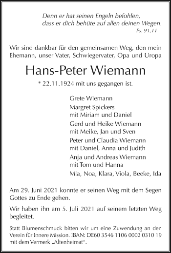 Traueranzeige von Hans-Peter Wiemann von trauer.mein.krefeld.de