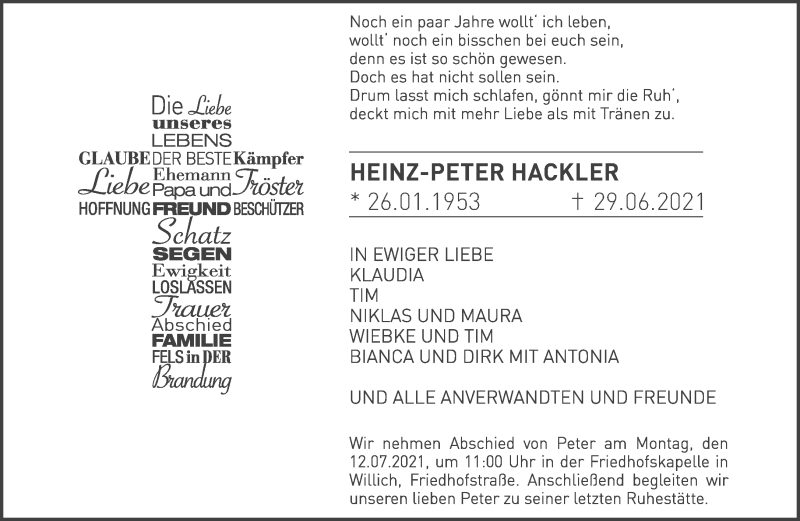  Traueranzeige für Heinz-Peter Hackler vom 04.07.2021 aus trauer.extra-tipp-moenchengladbach.de
