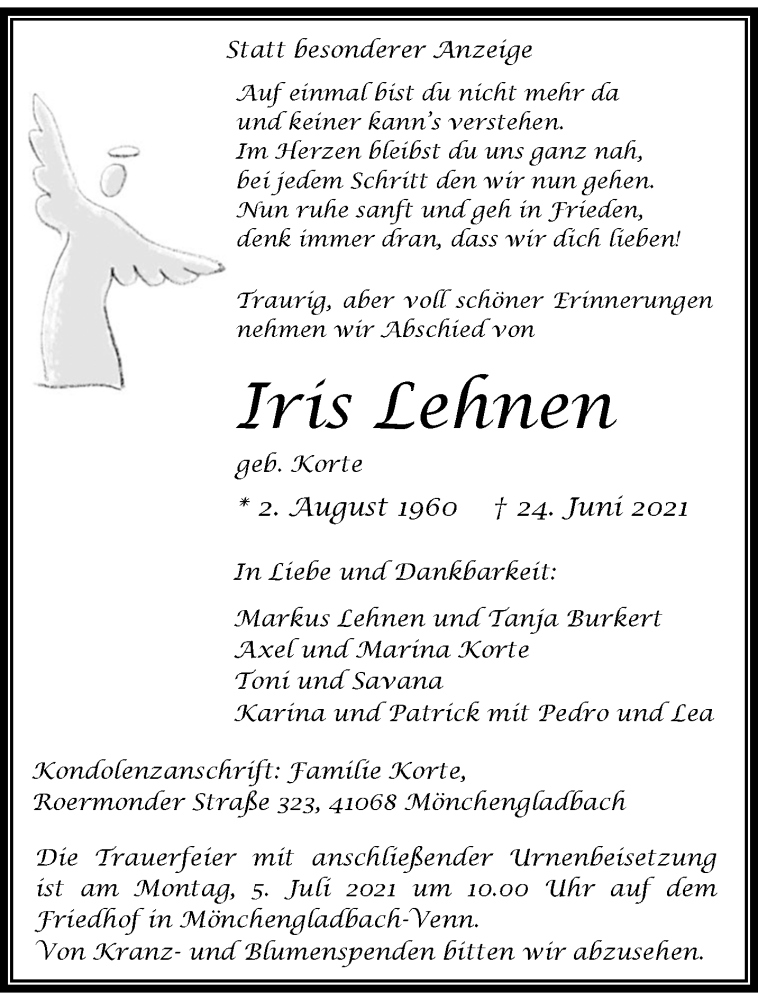  Traueranzeige für Iris Lehnen vom 04.07.2021 aus trauer.extra-tipp-moenchengladbach.de